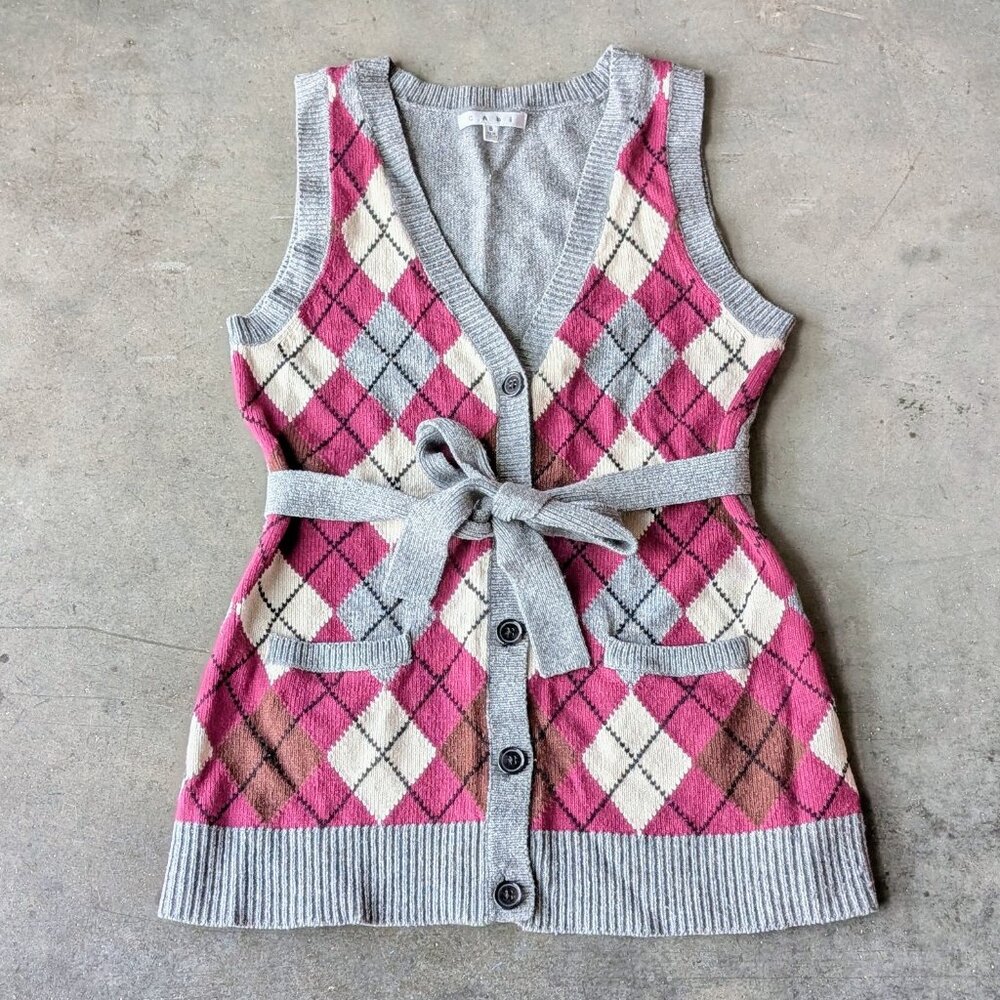 Cabi Book Club Sweater Vest Gray Purple Argyle Pattern Preppy Academia small